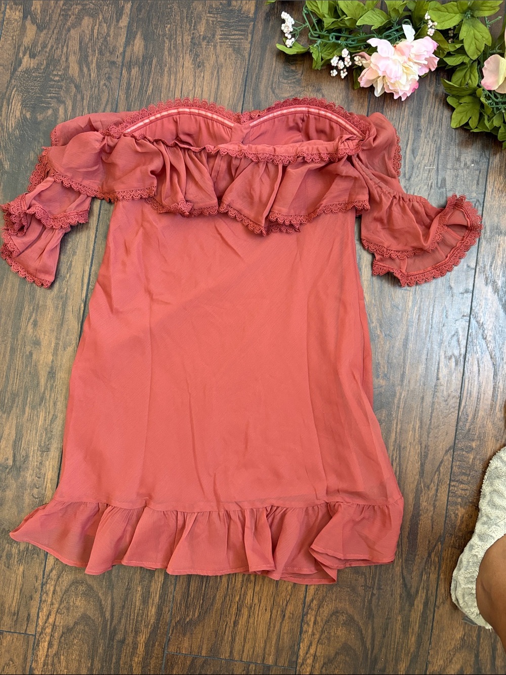 Off-Shoulder Rust Ruffle Mini Dress - Picture 9 of 11